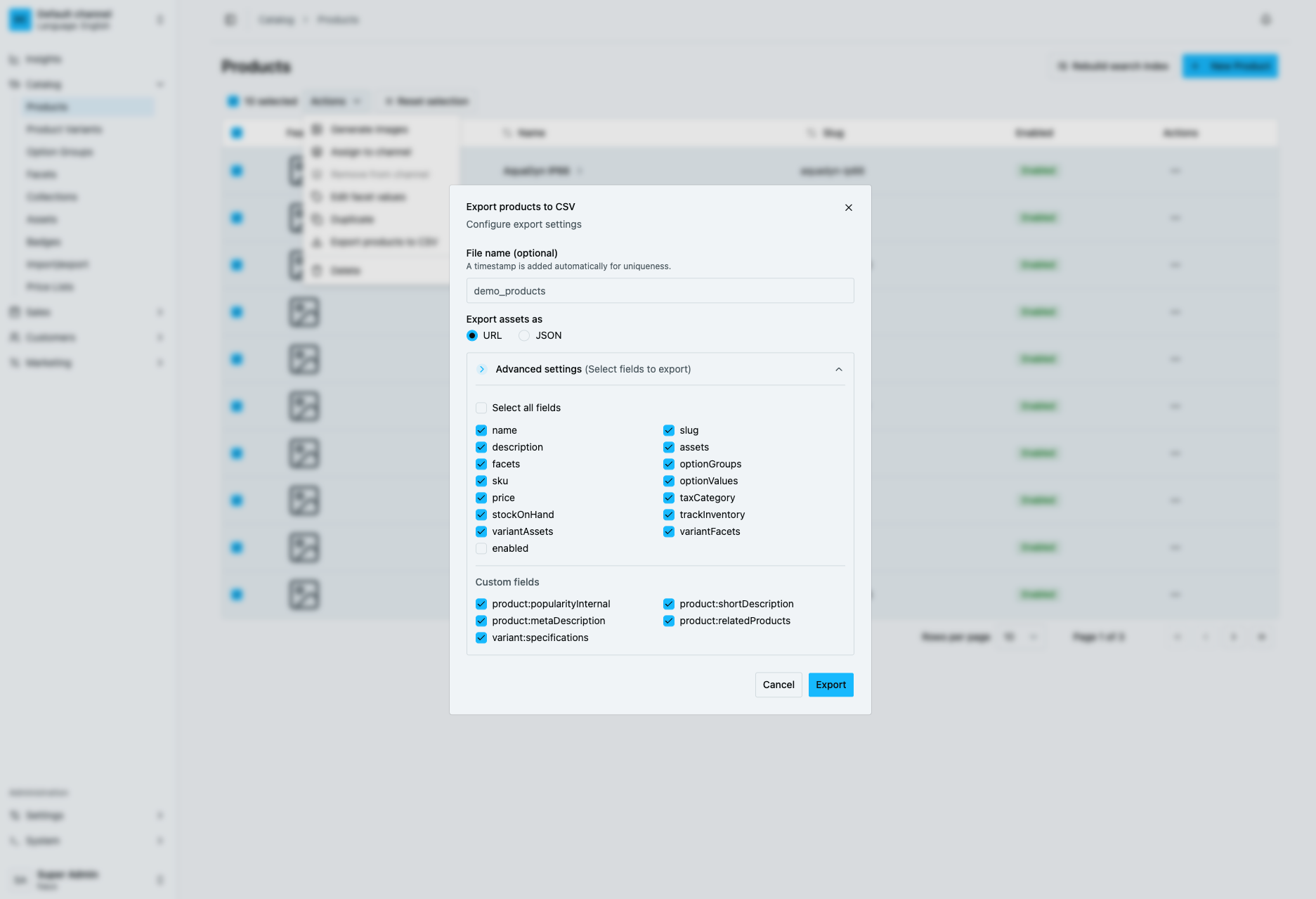 Export settings